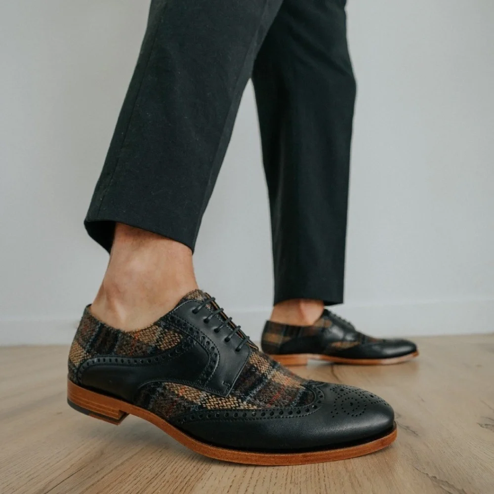 Taft Wallace Lace Up Brogue Wingtip Oxford Shoes Black & Brown Plaid Sz 46 or 13